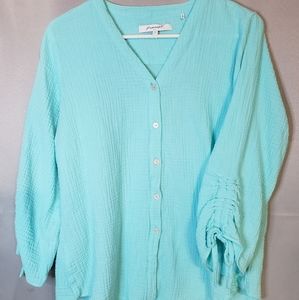 Foxcroft Aqua Blue Soft Textured Button Down Top Women's Size L